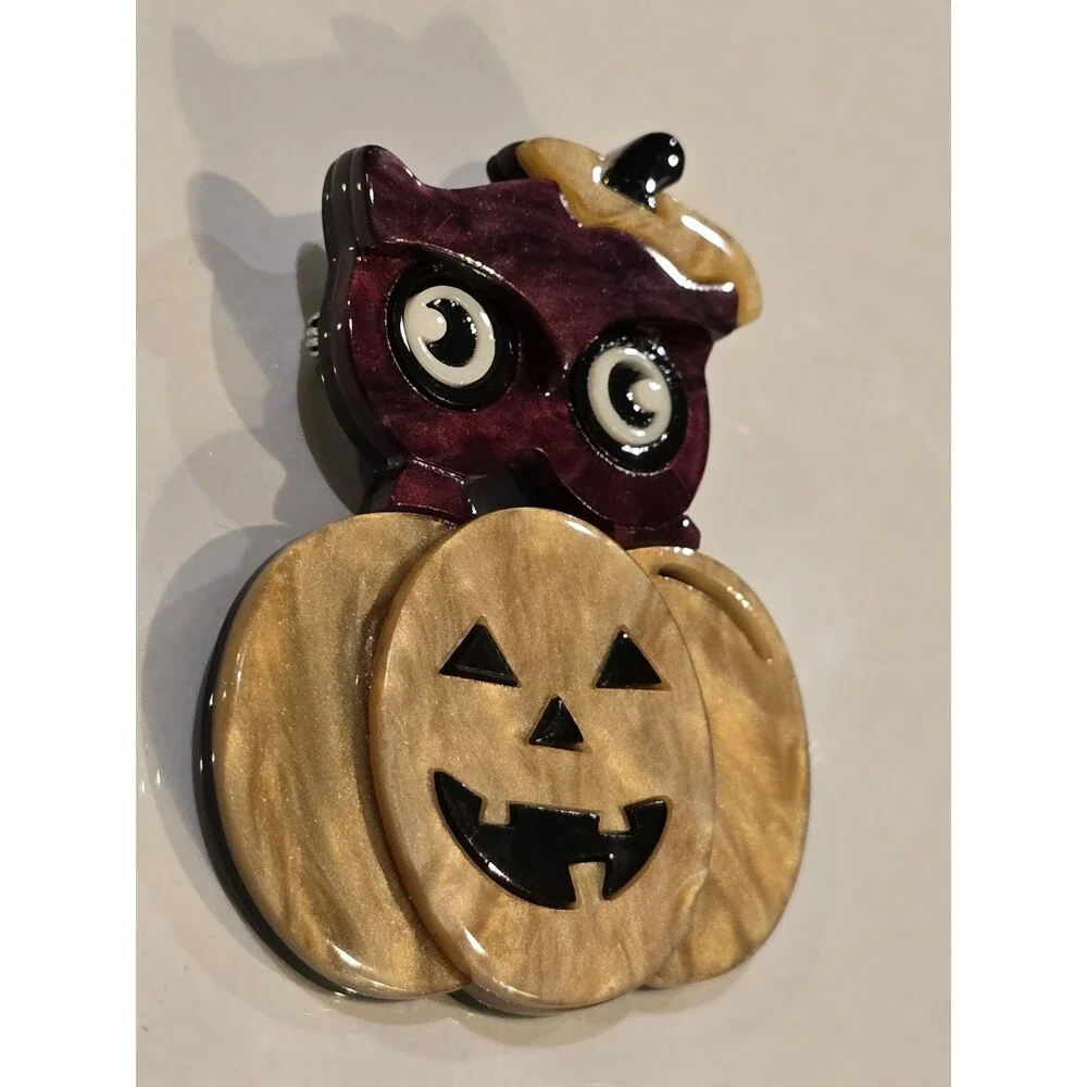 Pumpkin Patch Owl Jack O Lantern Acrylic Halloween Brooch Pin #1394